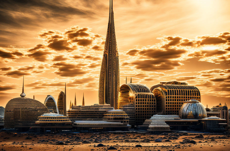 Futuristic cityscape with towering spire and dome-shaped buildings under amber sky