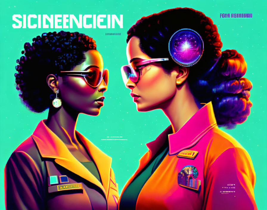 Colorful retro-futuristic artwork featuring two women with vibrant hairstyles and sunglasses on neon background.