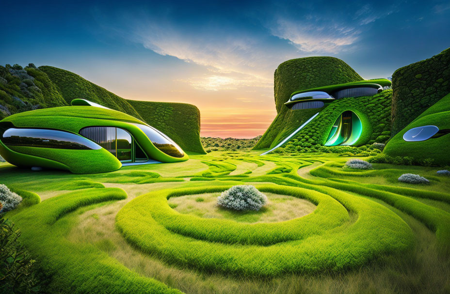 Modern green architecture blending with rolling hills and vibrant lawns in a futuristic landscape at sunset