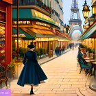 Illustration of woman in blue dress on bustling Paris street