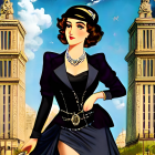 Elegant vintage-style illustration of a woman in hat and suit with Art Deco buildings.