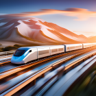 Streamlined futuristic train racing through sunlit desert landscape