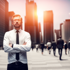 Man in White Suit Stands in Cityscape with People and Skyscrapers