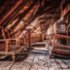 Warmly Lit Attic Room with Wooden Beams, Bed, Bookshelves, Sofa, and