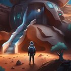 Futuristic building in rocky desert with astronaut under alien sky