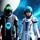 Futuristic male and female astronauts with celestial backdrop.