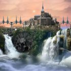 Tranquil landscape with waterfalls, river, greenery, and futuristic structures