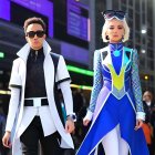 Male and female superheroes in white and blue costumes in cityscape.