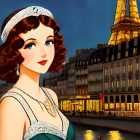 Stylized vintage woman in elegant attire with Eiffel Tower background - Parisian theme