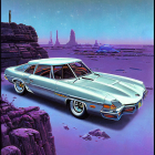 Vintage Car Illustration with Futuristic Buildings by Lake