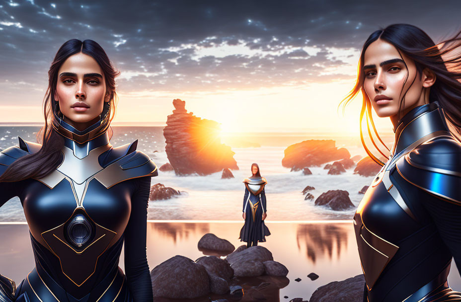 Futuristic female warriors at rocky shoreline at sunset with cloaked figure