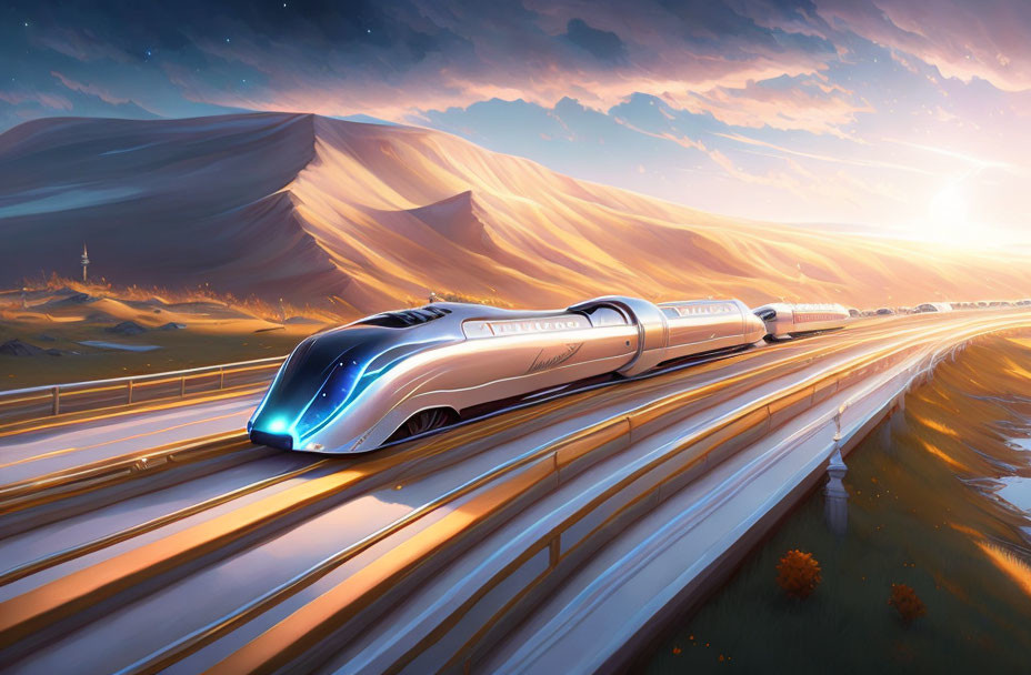 Streamlined futuristic train racing through sunlit desert landscape