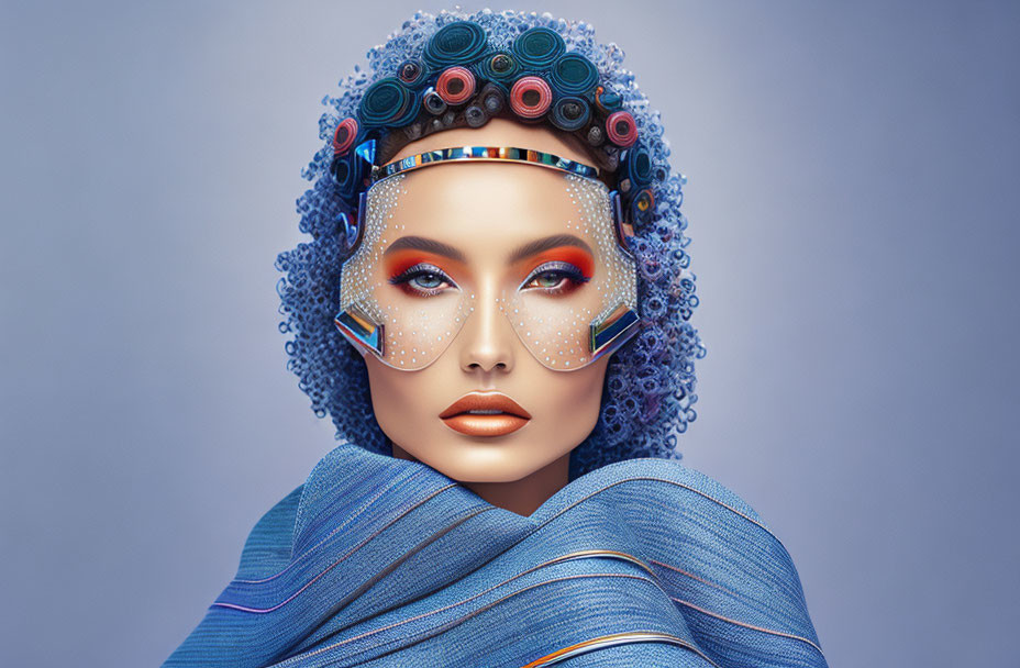 Futuristic woman with vibrant makeup and curlers in hair, pearls, stylish eyewear, and