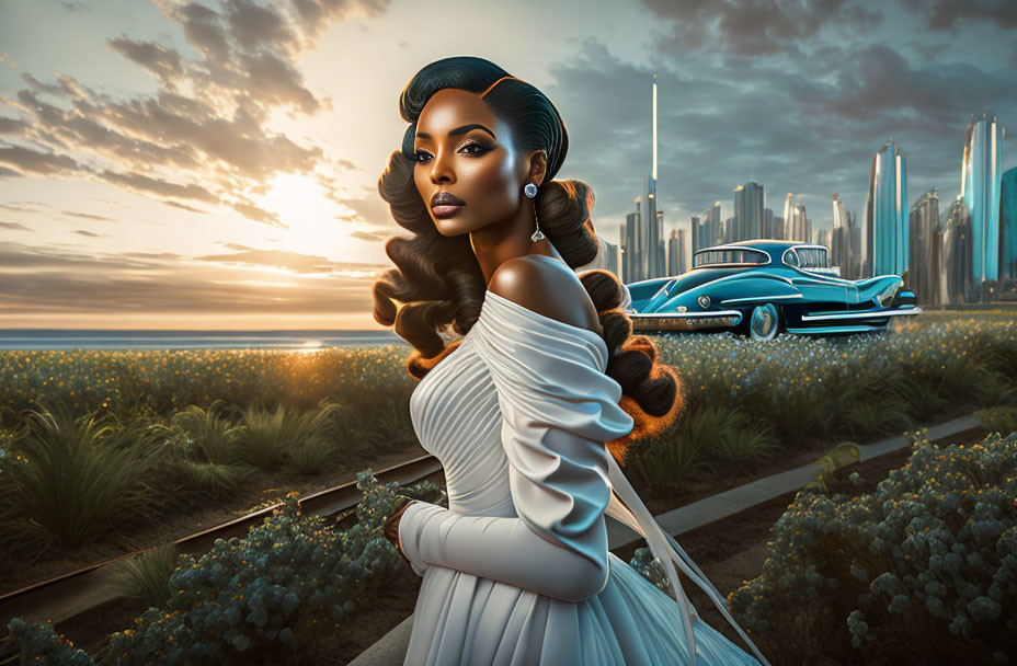 Stylized image: Woman in white dress with retro-futuristic cityscape, classic car,