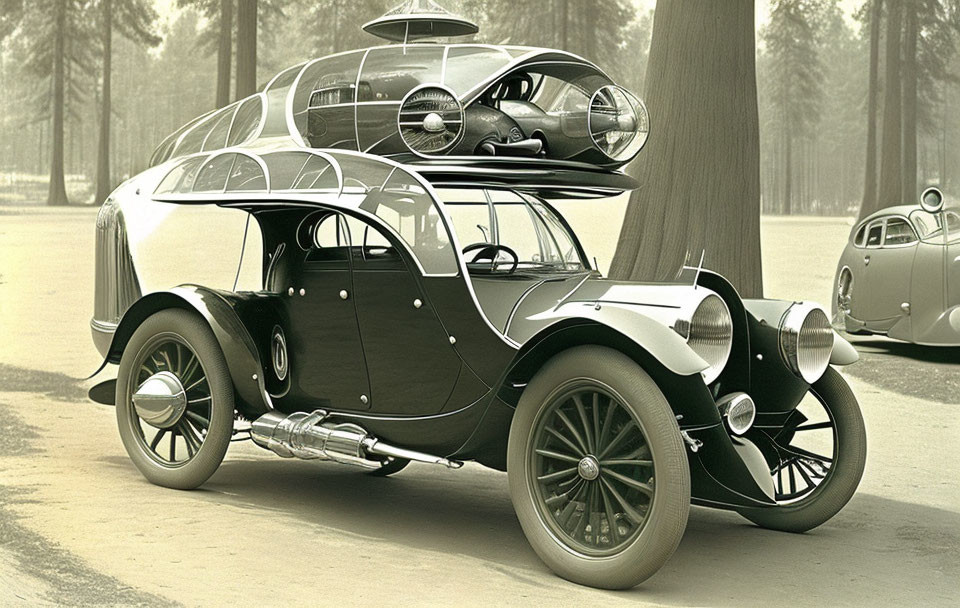 Vintage Car with Futuristic Glass Top Design and Spherical Compartments, Parked by Tree