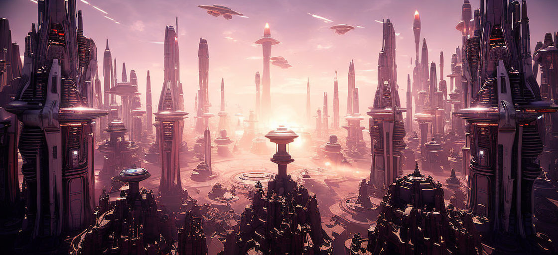 Futuristic cityscape with towering skyscrapers and glowing lights in a hazy pink sky