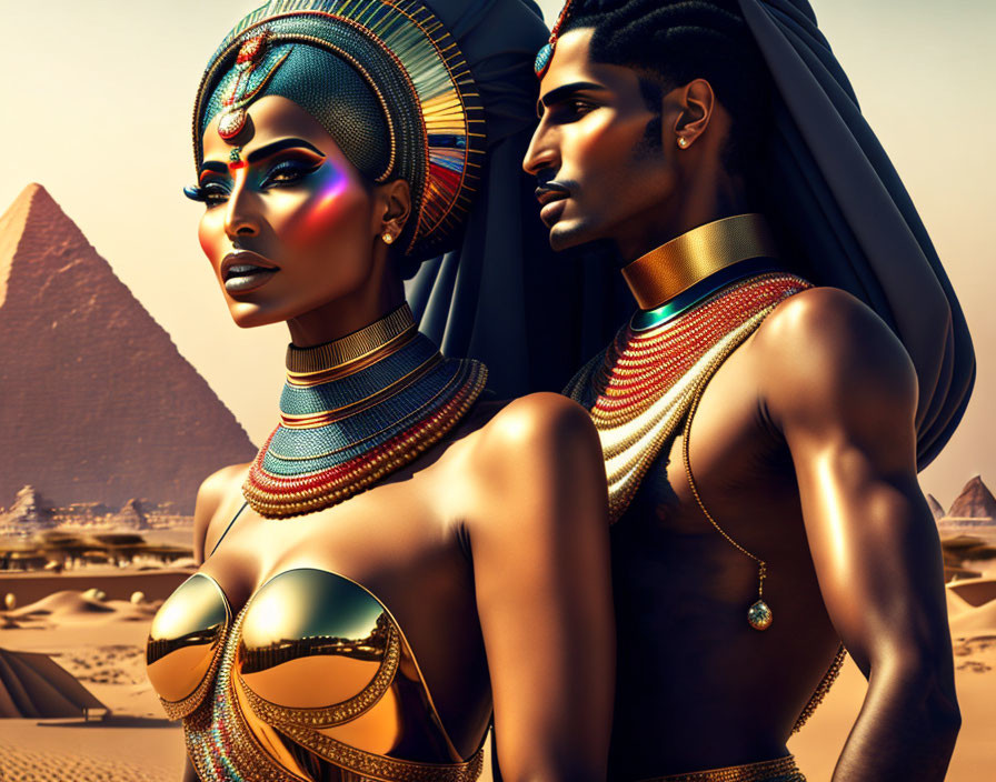 Stylized figures in ancient Egyptian attire by pyramids