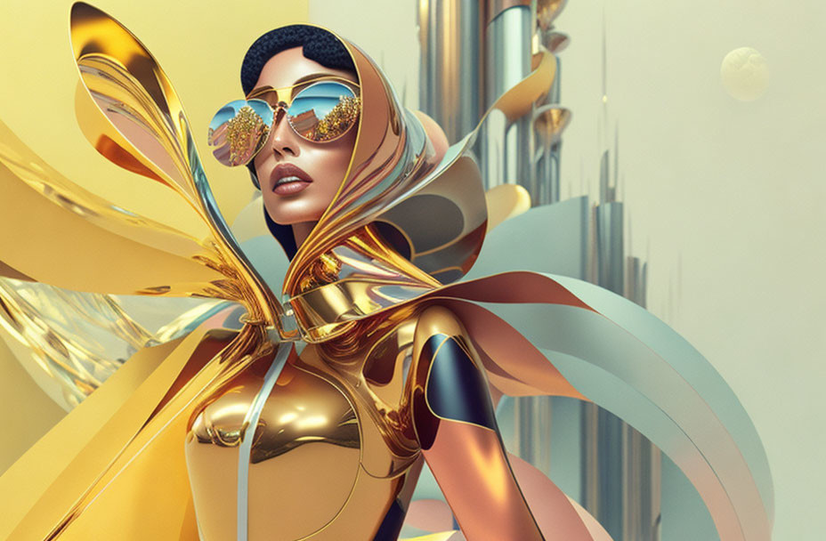 Futuristic woman in gold clothing and sunglasses on abstract pastel background