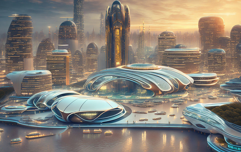 Futuristic cityscape at dusk with high-tech buildings and flying vehicles