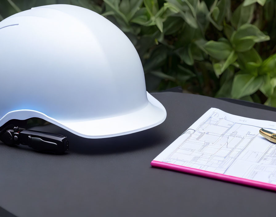 Architectural blueprints, safety helmet, keys, pink pen on dark surface