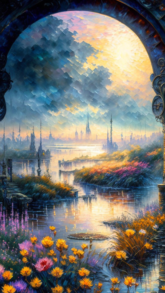 Fantastical cityscape painting through archway at sunset