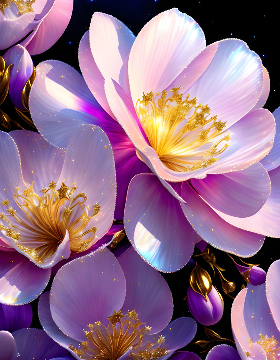 Stylized purple flowers with golden accents on dark background