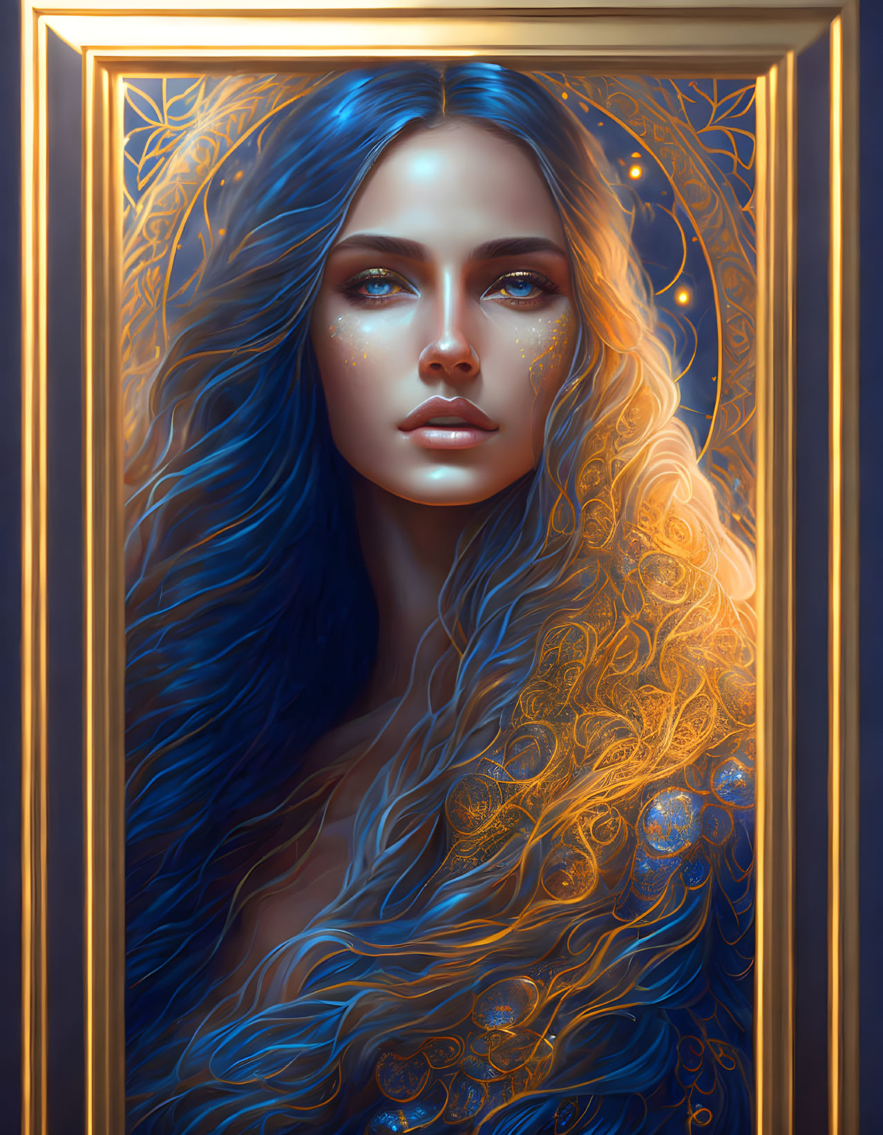 Digital portrait of woman with blue and gold hair, glowing patterns, ornate golden frame