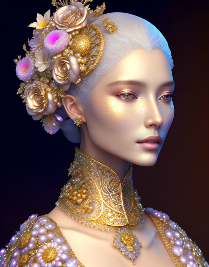 Pale-skinned woman with gold jewelry and floral hair in digital portrait