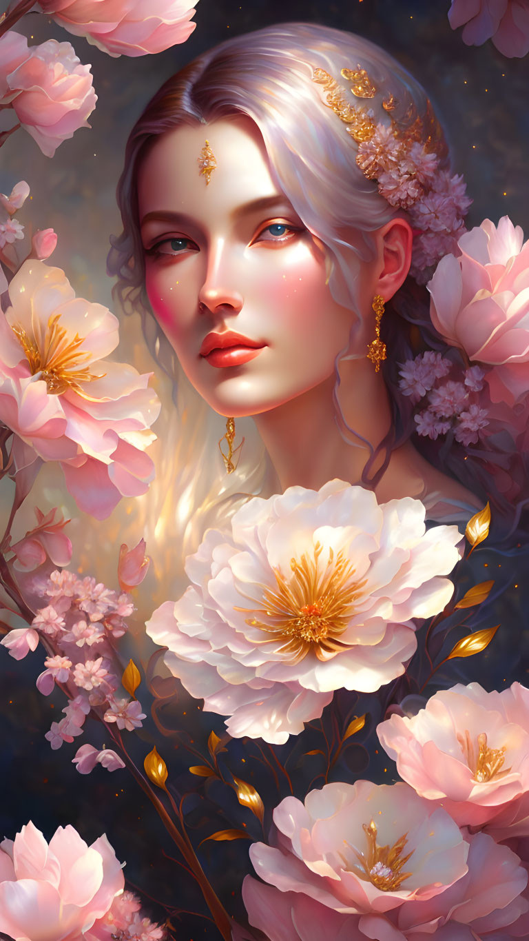 Fair-skinned woman with light hair among pink blossoms and gold jewelry