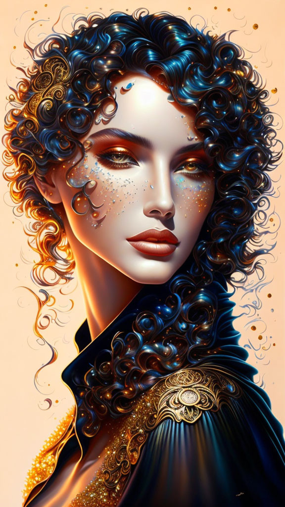 Digital illustration: Woman with curly hair, luminous skin, gold speckles, ornate garment