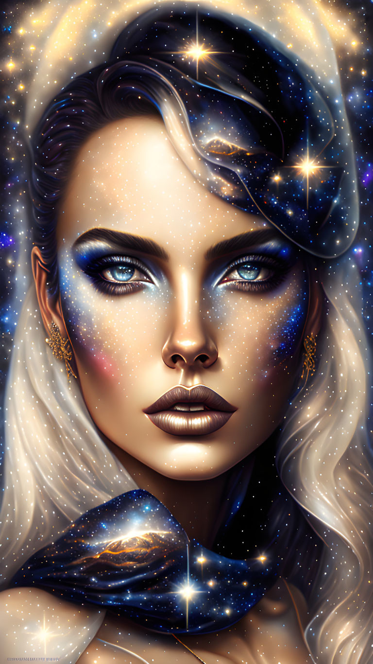 Cosmic-themed makeup digital portrait with celestial bodies on skin and hair