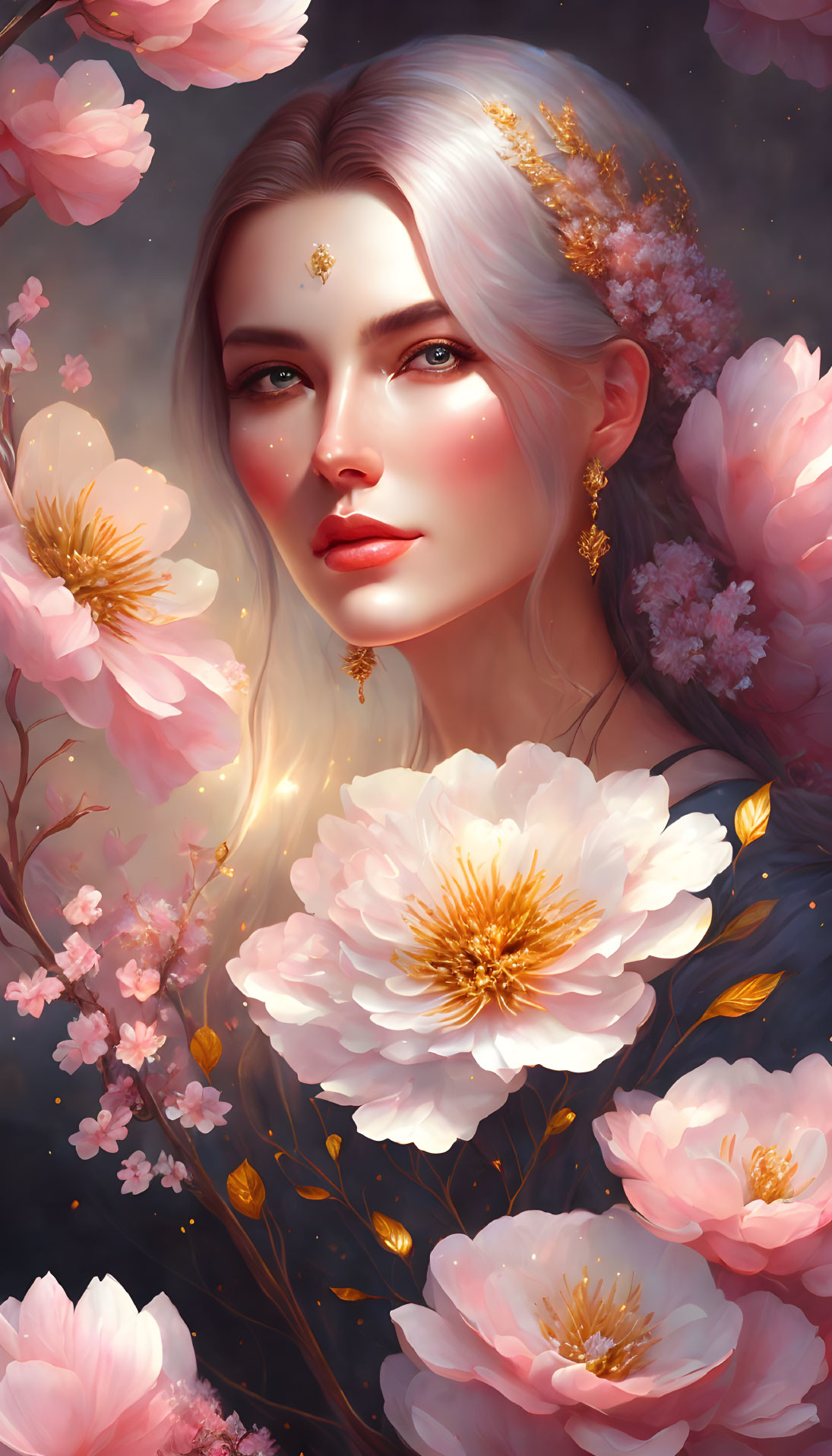 Pale-skinned woman with golden jewelry in pink blossom setting