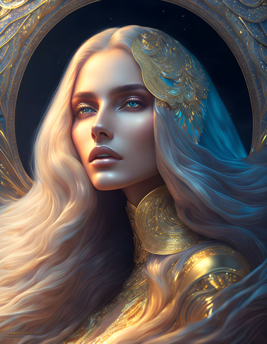 Blonde woman in golden armor against dark background