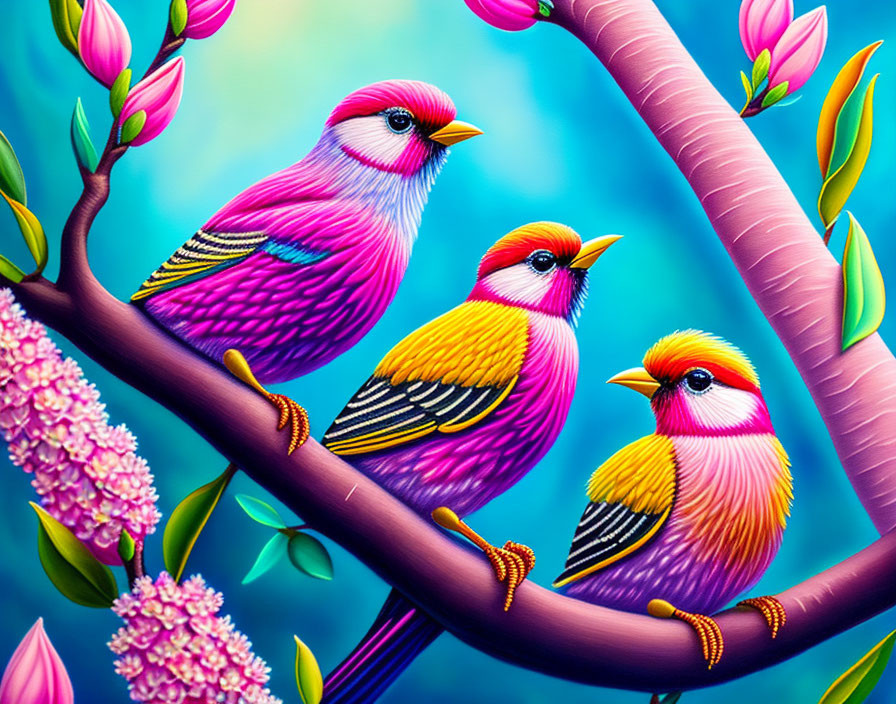 Colorful Birds Perched on Branch with Purple Blooms on Blue Background