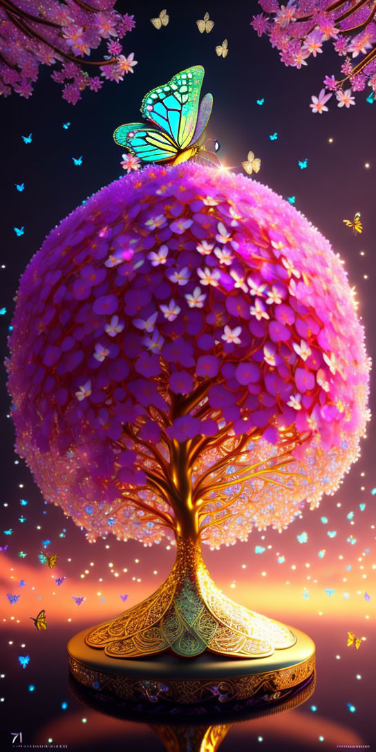 Colorful fantasy tree with pink foliage and butterfly on ornate base