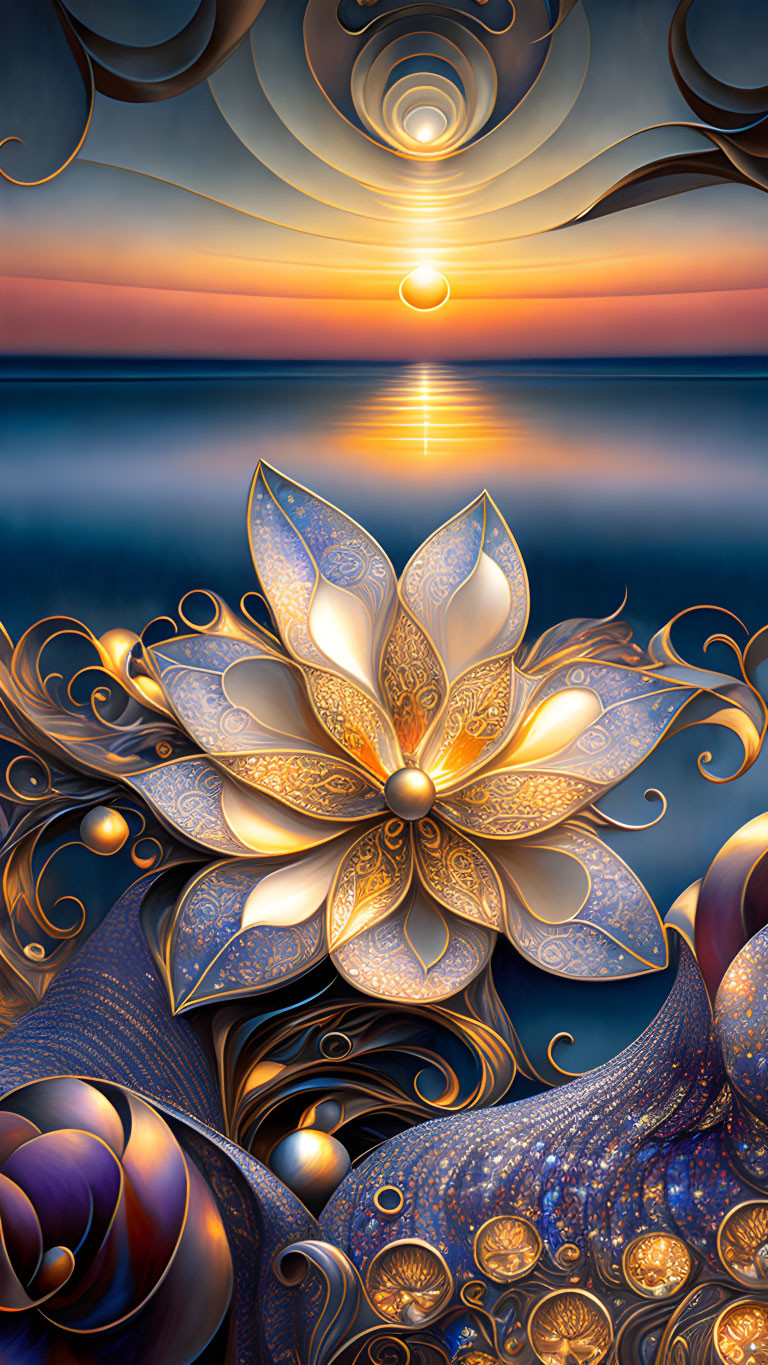 Stylized lotus flower over ocean at sunset with intricate patterns