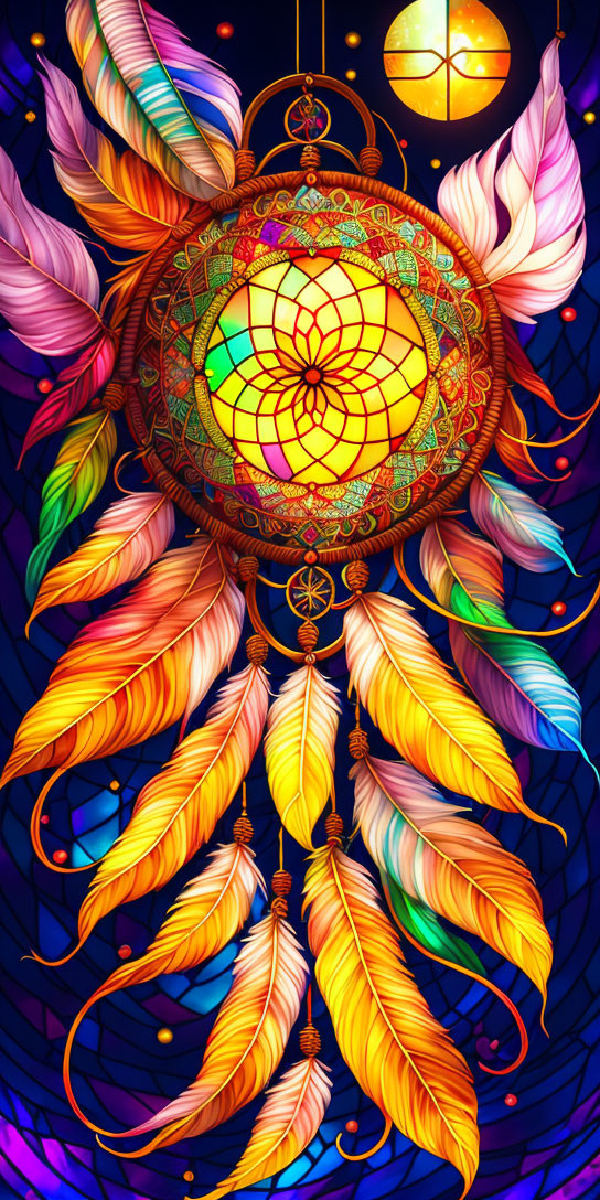 Colorful feather dreamcatcher with mosaic center on dark blue background