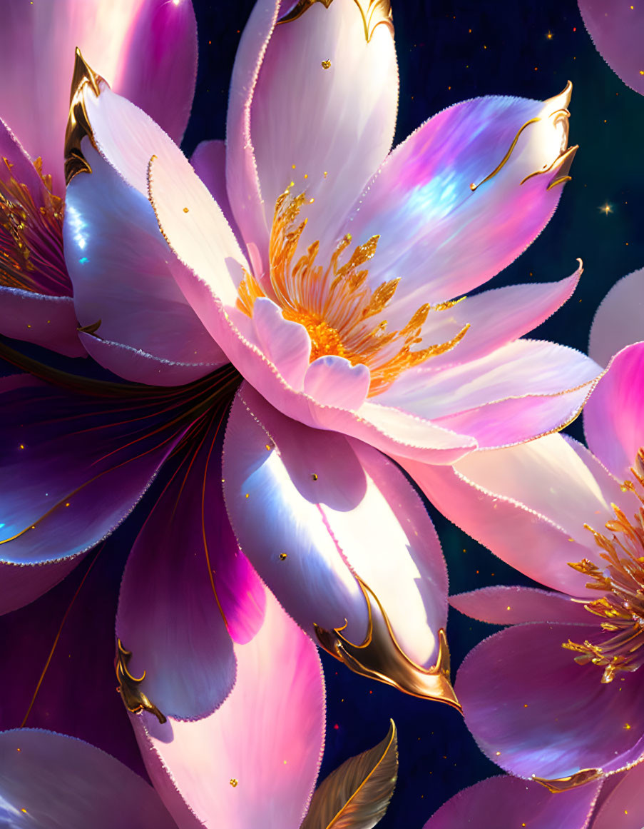 Luminescent flowers with pink and purple petals on a starry night background