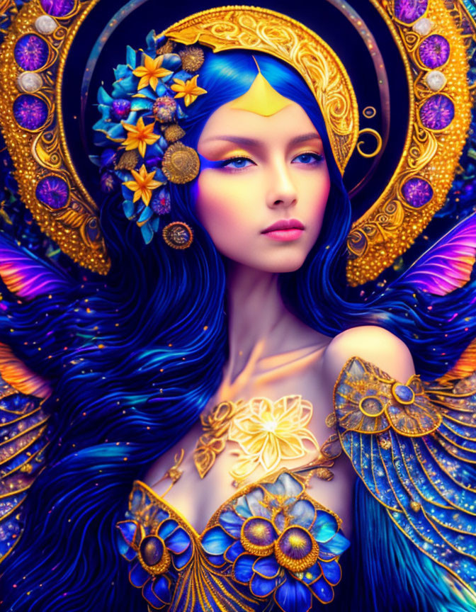 Colorful mythical being with blue hair, golden headdress, crescent moon, and butterfly wings