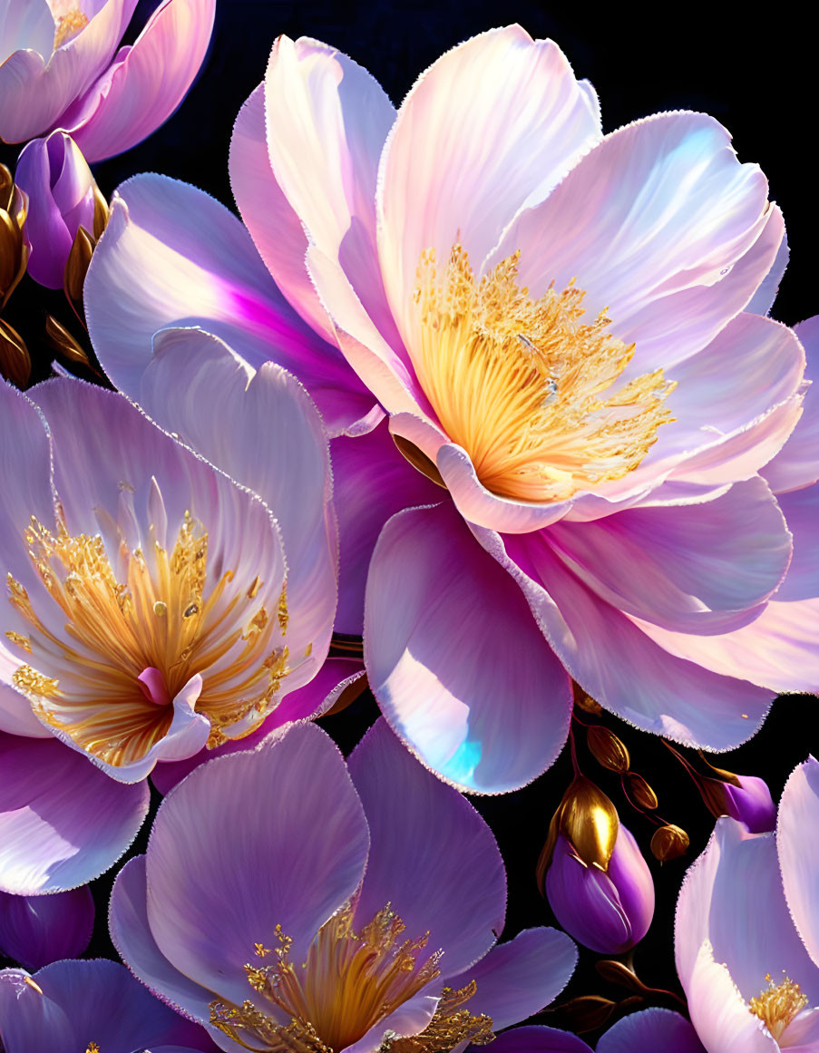 Colorful digital artwork: Pink flowers with gold stamens on dark backdrop