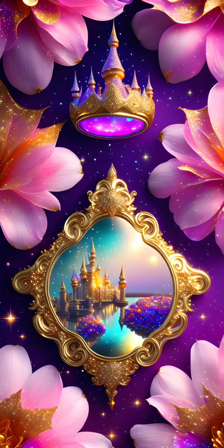 Golden-framed magical mirror reflecting enchanting castle in starry sky