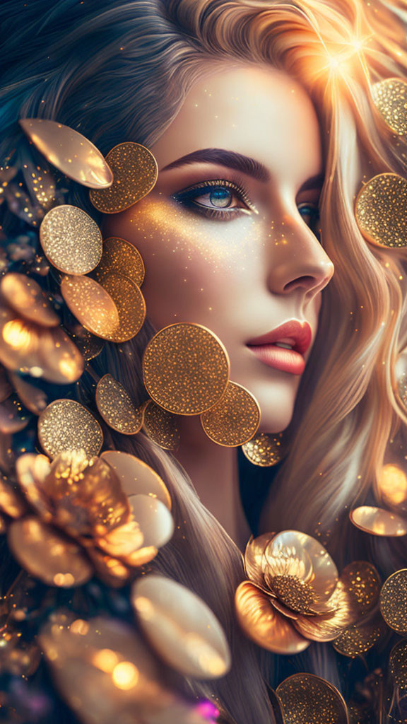 Portrait of Woman with Golden Sequins and Petals in Soft Light