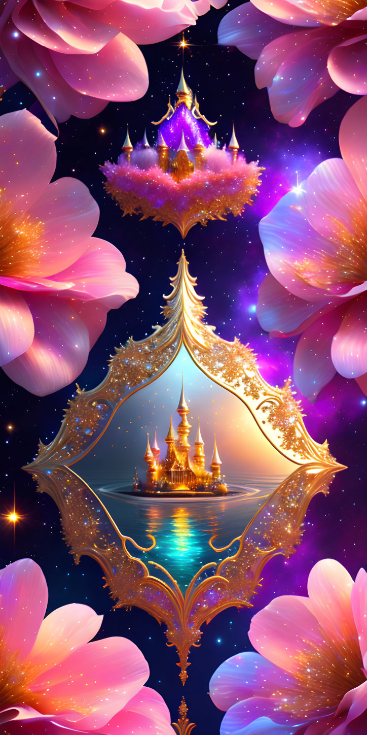 Floating island with golden palace, pink flowers, and starry night sky