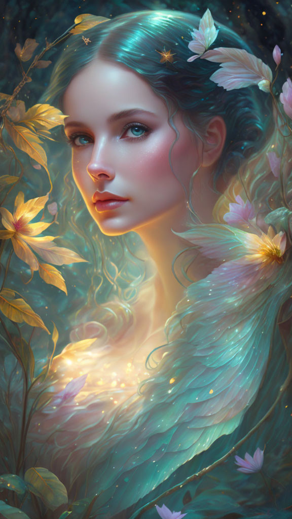 Fantasy portrait: Woman with teal feathers, pink flowers, golden leaves