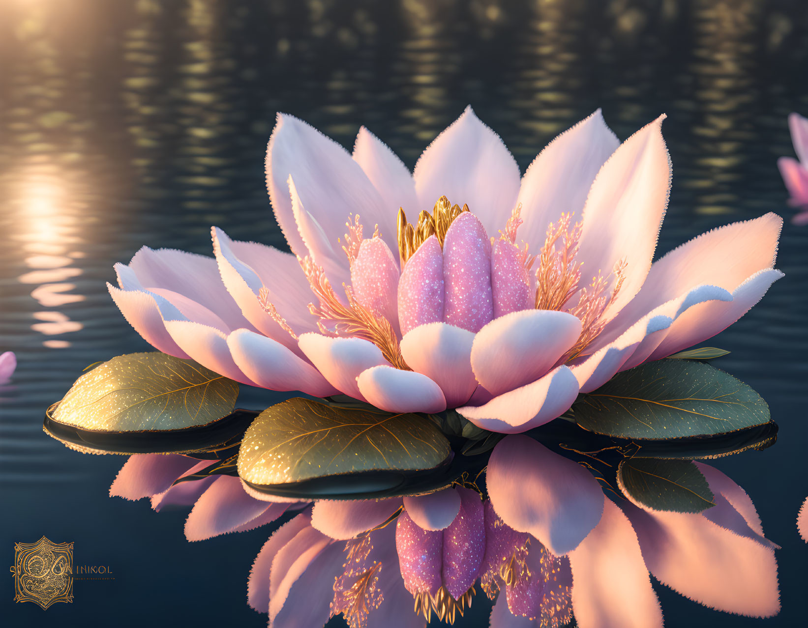 Luminescent Lotus Flower Art: Pink Petals, Golden Highlights, Tranquil Water at D