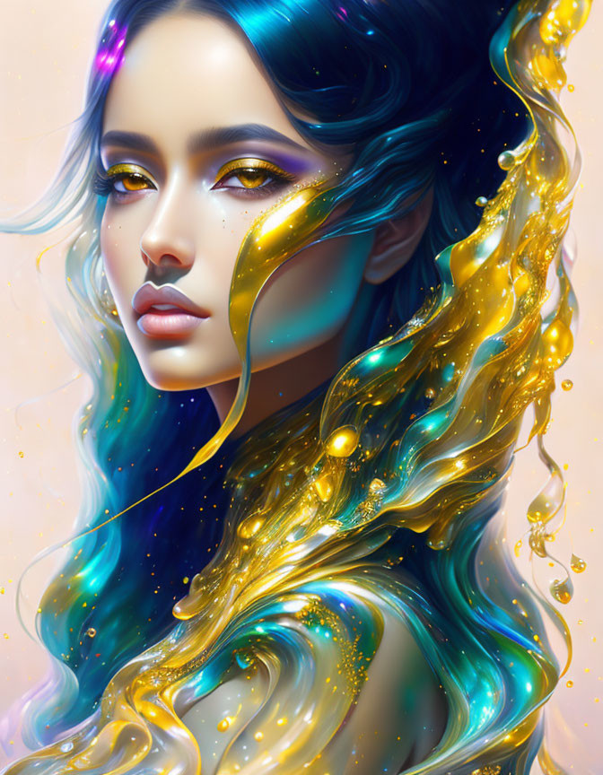 Digital artwork: Woman with flowing hair and gold swirls on soft, colorful background