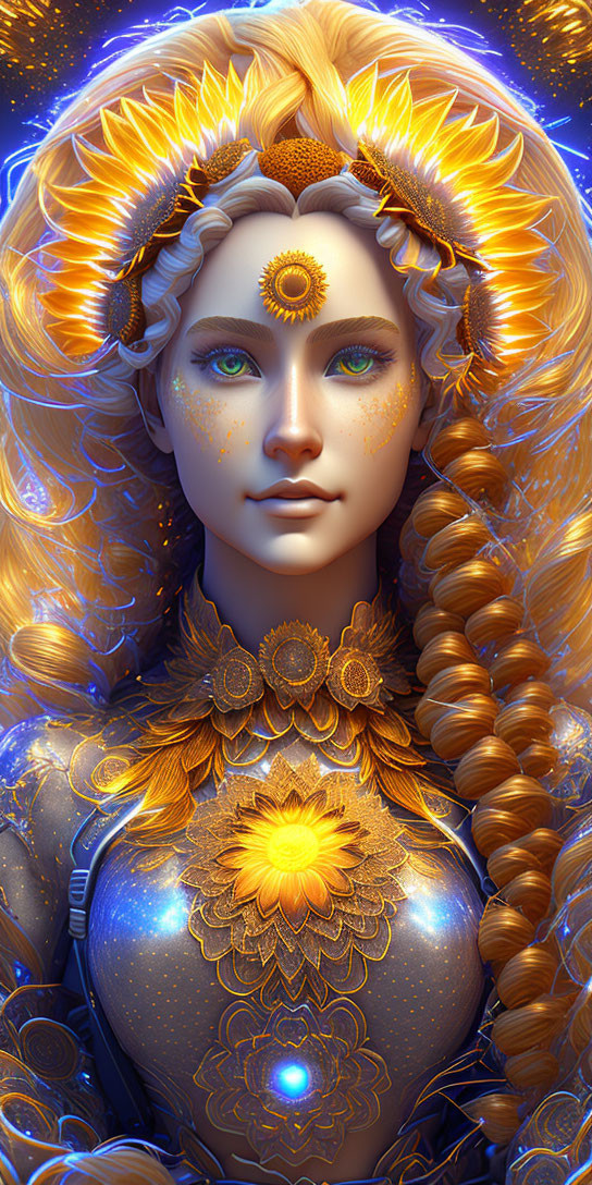 Woman with Golden Hair and Armor, Ornate Floral Patterns, Blue Gemstone