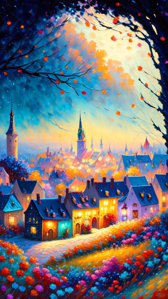 Colorful Painting of Village at Twilight with Falling Leaves