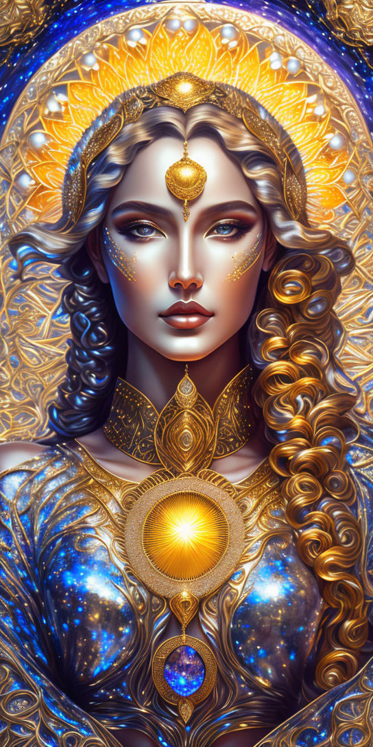 Detailed illustration of a woman with golden jewelry and cosmic motifs