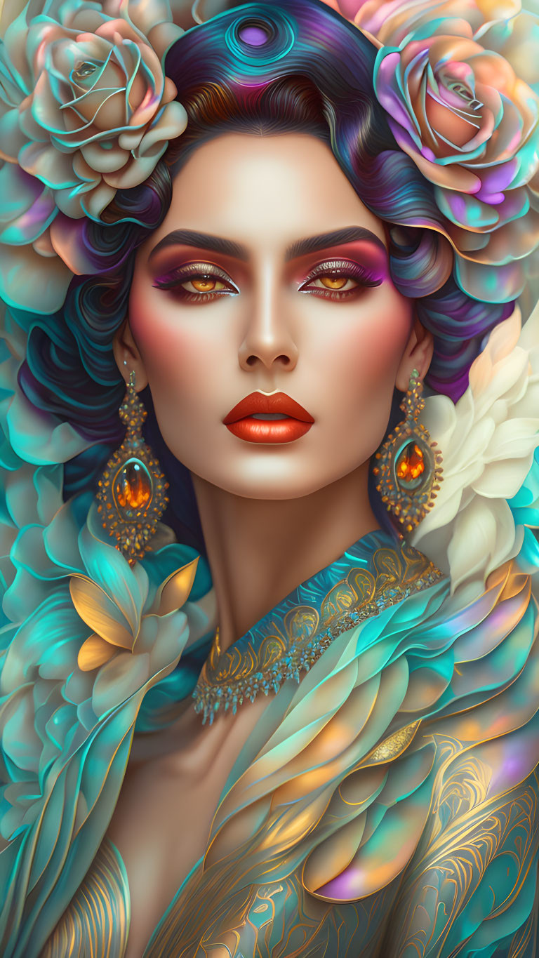 Colorful floral and feathered woman portrait with vibrant makeup